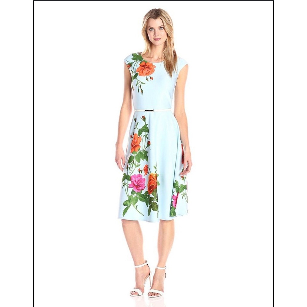 Gabby Skye Blue Floral Fit and Flare Midi Dress  Sleeveless Size 4